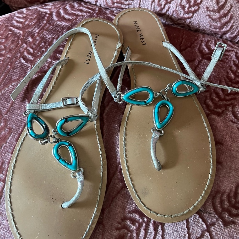 Size 10 silver and turquoise teal Nine West flat strappy sandals